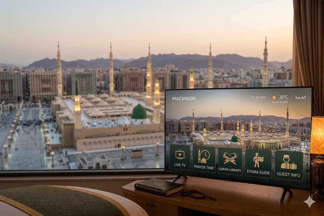 Madinah hotel IPTV smart TV interface with Quran library, visitor information and hospitality services